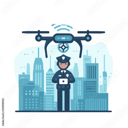 Police officer controlling a surveillance drone in a futuristic city.