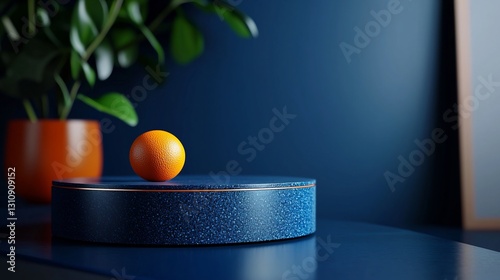 Orange Sphere on Blue Studio Podium.