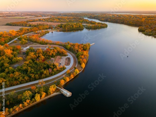 Aerial view of autumn landscape with vibrant foliage surrounding Big Creek State Park, Polk City, IA photo