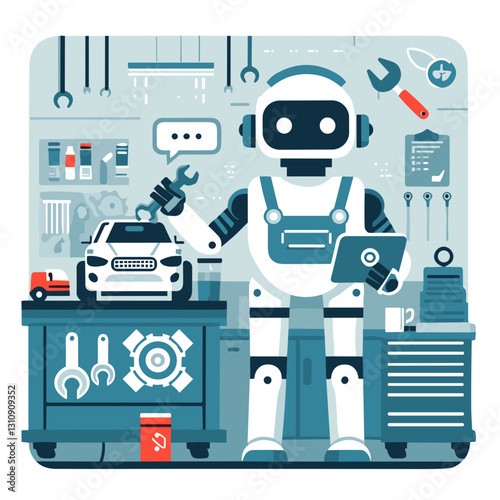 Futuristic robot mechanic working in an automotive repair shop.