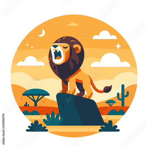  Stylized lion roaring on a rock in a desert landscape.