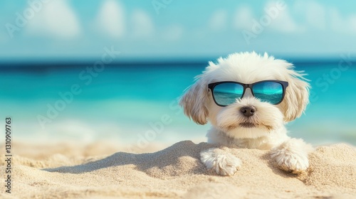 Fototapeta Naklejka Na Ścianę i Meble -  Couple Puppy dog and orange cat wearing sunglasses sitting on beach and eating watermelon on beach chair and beach umbrella by the sea in resting summer vacation,orange cat,pet friendly concept.