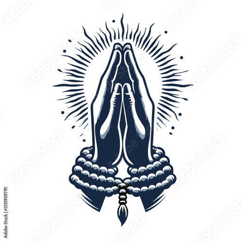 Monochrome illustration of praying hands with a rosary.