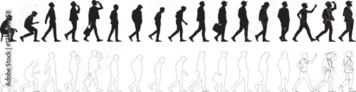 Set of Black silhouette of walking man. line art drawing - PNG transparent background