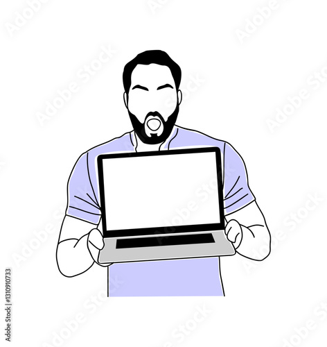 Business man holding laptop and showing blank screen with surprising face expression. Advertising, marketing concept. Vector simple outline drawing for graphic, web design on transparent background.