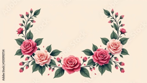 A beautiful wedding crest featuring pink and red roses with green leaves, arranged in a semi-circle on a light background.