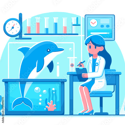 Scientist studying dolphin in research laboratory.