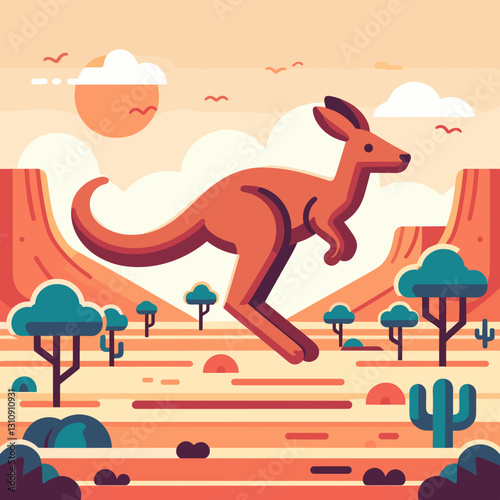 Kangaroo jumping through Australian desert landscape