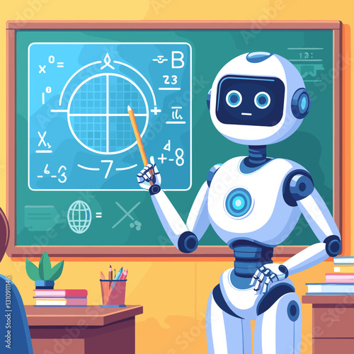 Futuristic robot teacher explaining math on chalkboard