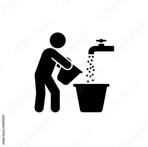 Man taking water in small bucket from large bucket is filling by tap icon vector in black color with white background