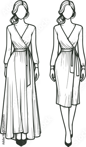 fashion illustration of a young woman wearing an elegant long wrap dress.
