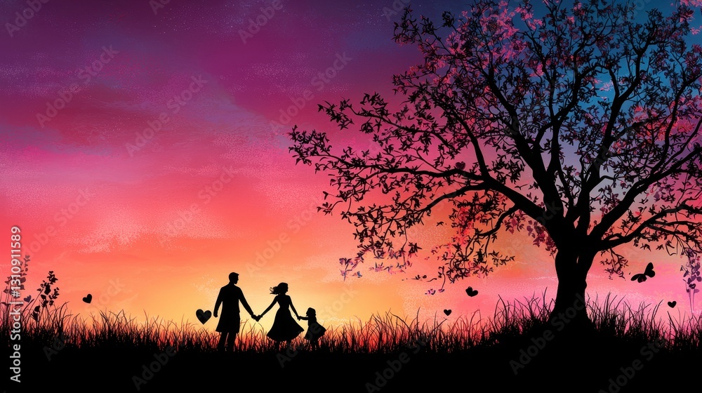 Romantic Silhouette of a Couple Holding Hands Together Beneath a Colorful Sunset with a Tree and Butterflies Romantic Silhouette of a Couple Holding Hands Together Beneath a Colorful Sunset with a Tree and Butterflies