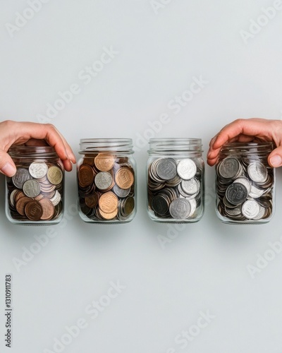 Micro-Investment Revolution Transparent Glass Jars Revealing Diverse Coin Savings - Financial Empowerment and Sustainable Wealth Building for Conscious Consumers