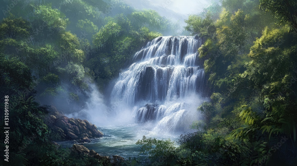Fototapeta premium Serene Waterfall in Lush Green Forest
