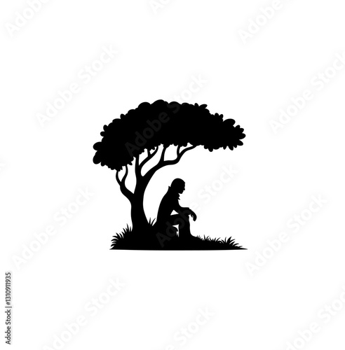 A man sitting under the tree silhouette icon vector in black color with white background.