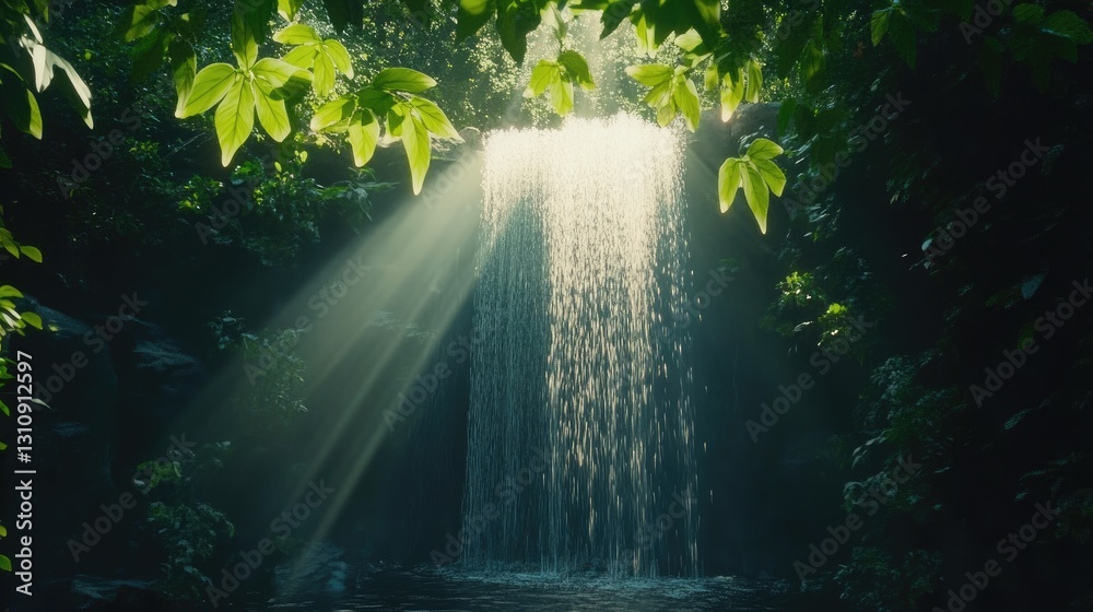 Sunbeams Illuminating a Lush Waterfall in a Tropical Forest Sunbeams Illuminating a Lush Waterfall in a Tropical Forest
