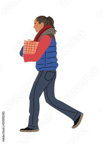 Woman carrying gift box with Christmas, New Year, Birthday, Valentines Day present. Pretty girl in warm casual clothes walking side view. Flat graphic vector illustration isolated