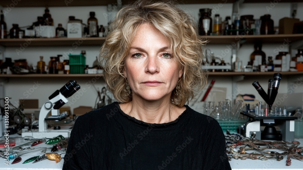 Scientist Woman in Laboratory Research Microscope Science Chemistry Experiment Disco Scientist Woman in Laboratory Research Microscope Science Chemistry Experiment Disco