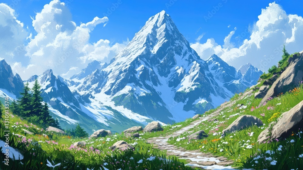 Fototapeta premium Majestic Mountain Peak Trail: A Breathtaking Alpine Vista