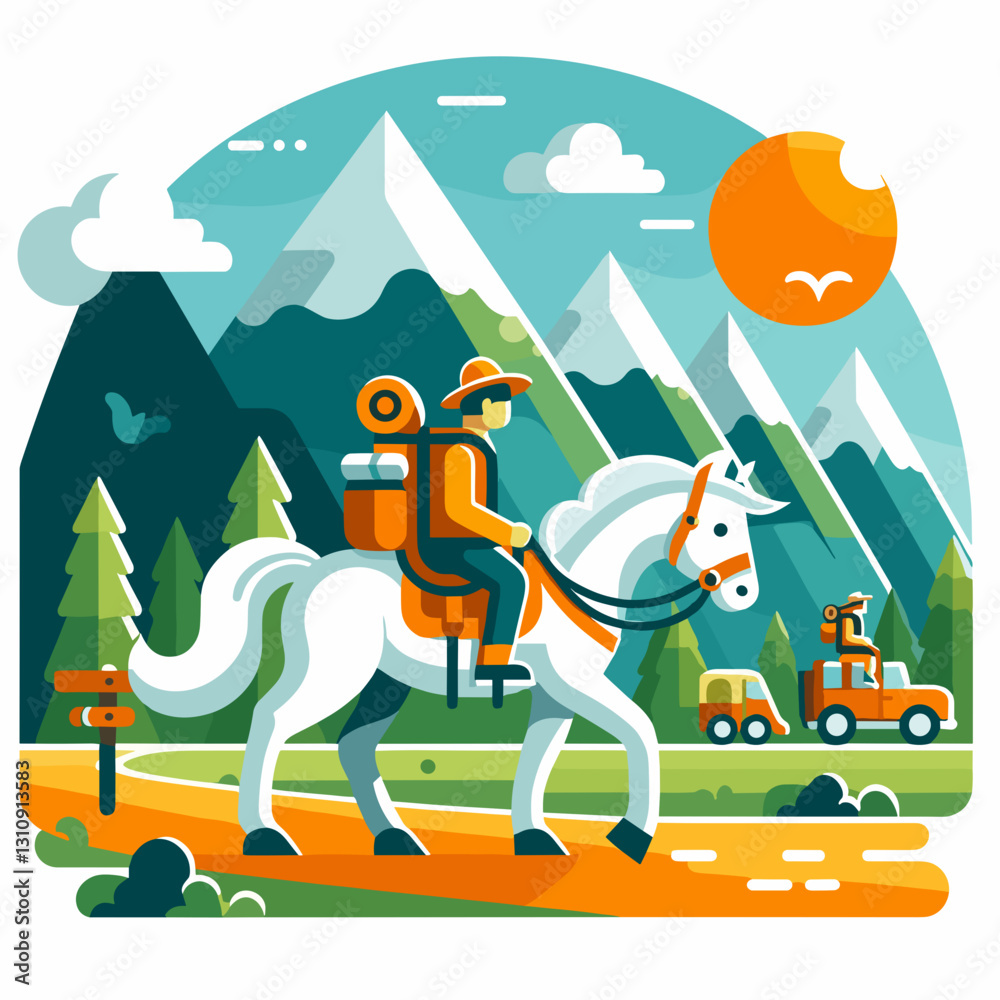 Naklejka premium Traveler on horseback riding through scenic mountain landscape.