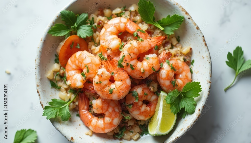 Delicious Shrimp Dish with Cauliflower Rice and Fresh Herbs on Plate Delicious Shrimp Dish with Cauliflower Rice and Fresh Herbs on Plate