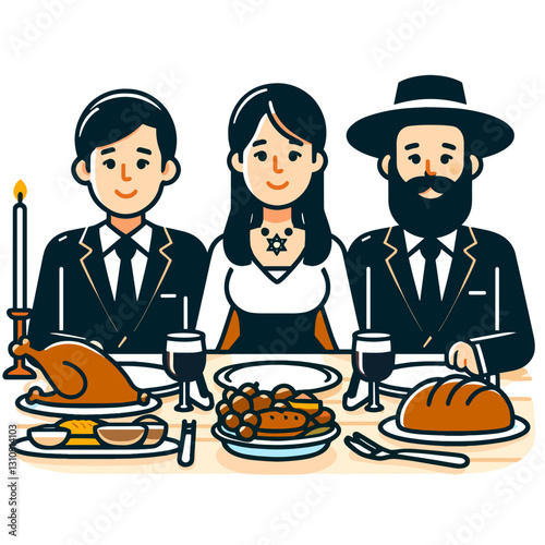 Jewish family celebrating Shabbat dinner illustration.