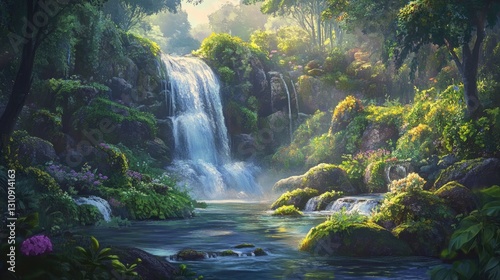 Serene Waterfall in Lush Tropical Paradise: A Digital Painting of Tranquil Nature