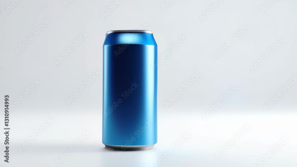 Bright blue beverage can displayed on a clean surface under soft lighting for product showcase Bright blue beverage can displayed on a clean surface under soft lighting for product showcase