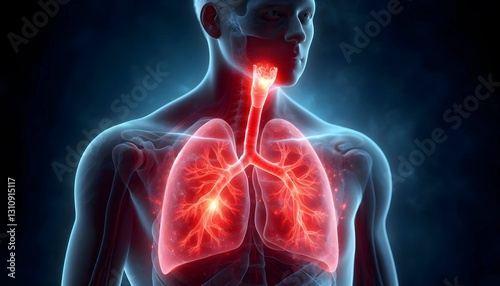 A 3D-rendered illustration of human lungs showing inflammation and constricted airways due to asthma, with a glowing red effect on the affected areas.