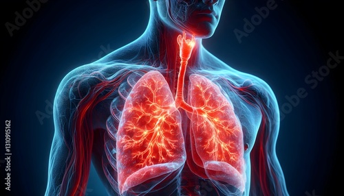A 3D-rendered illustration of human lungs showing inflammation and constricted airways due to asthma, with a glowing red effect on the affected areas.