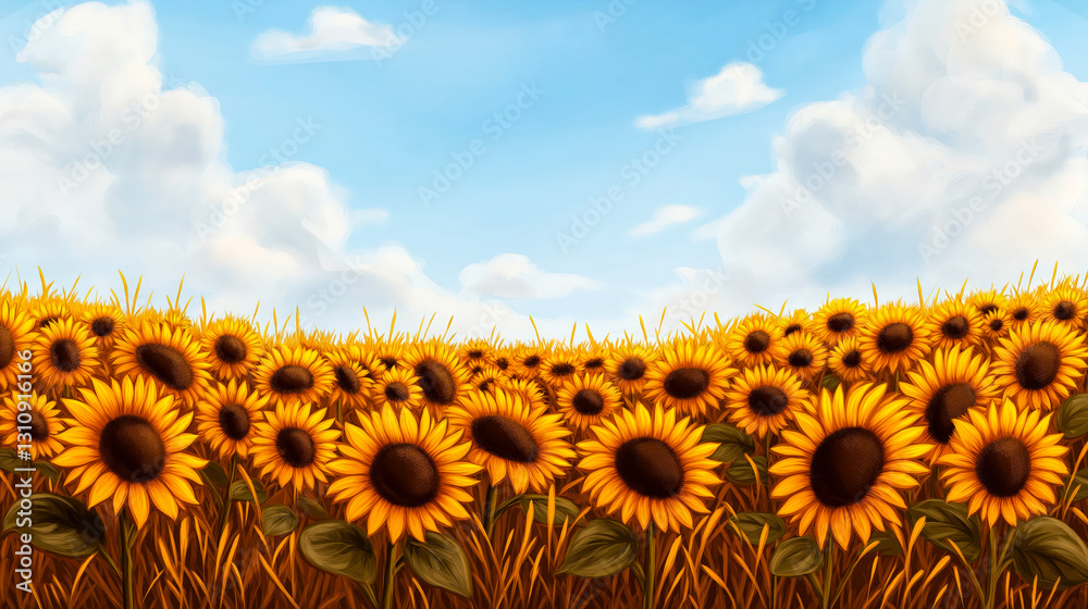 Obraz premium A rustic digital illustration of a sunflower field under a bright blue sky with fluffy clouds, evoking warmth, joy, and summer vibes