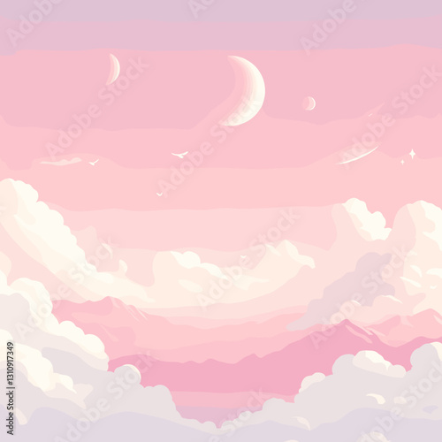 Dreamy pink sky with clouds and crescent moon illustration.