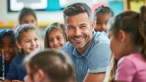 A cheerful man wearing a blue shirt smiles warmly as he interacts with a diverse group of children in a colorful classroom, filled with educational posters and learning materials.
