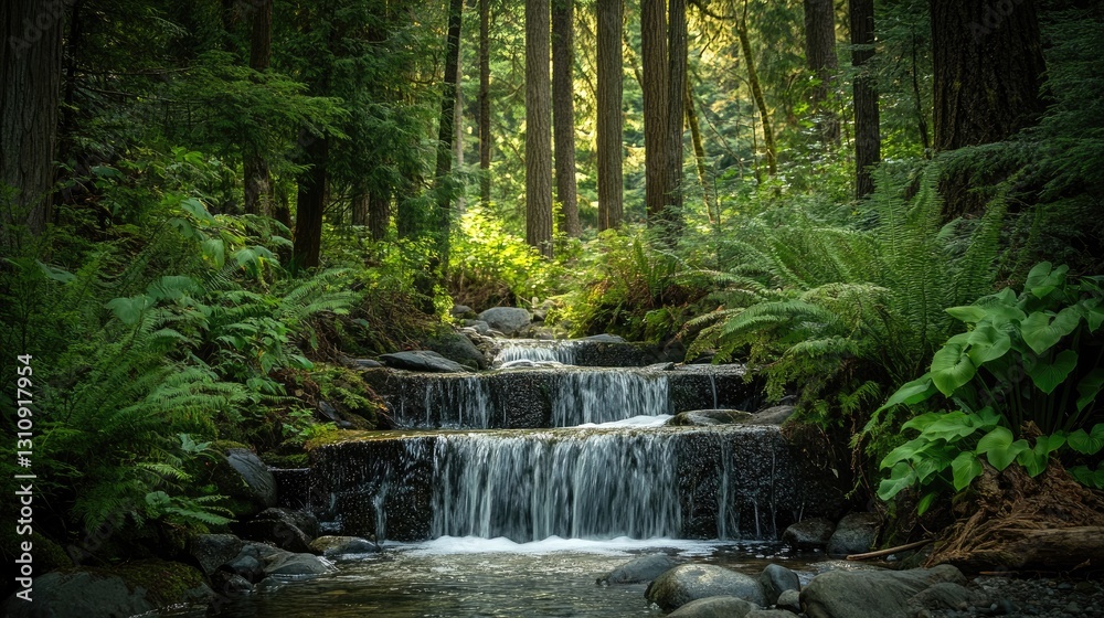 Obraz premium Serene Cascading Waterfall in Lush Forest