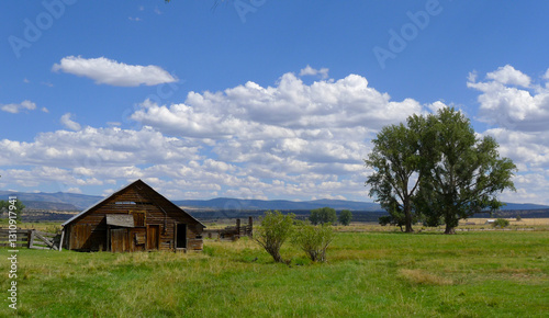 Beautiful decrepit wood barn under the blue skies of rural Northern California in the Warner Mountains