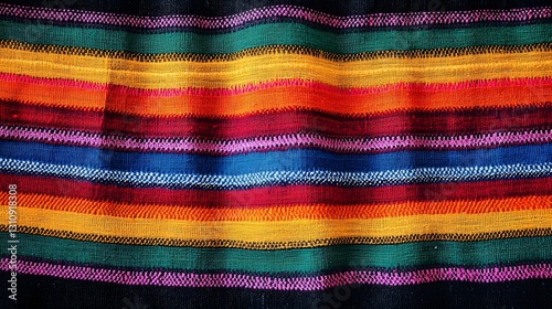 Colorful textile: a captivating textile, adorned with a vibrant array of horizontal stripes in an explosion of hues and textures. 