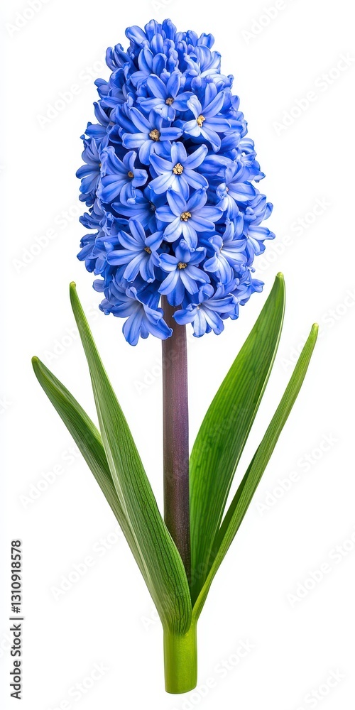 Obraz premium Vibrant Blue Hyacinth Flower with Green Leaves on White