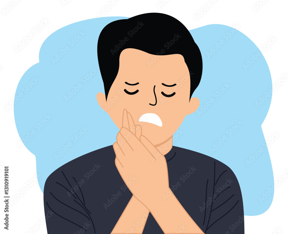 Man holding his cheek suffering from toothache with painful expression Man holding his cheek suffering from toothache with painful expression
