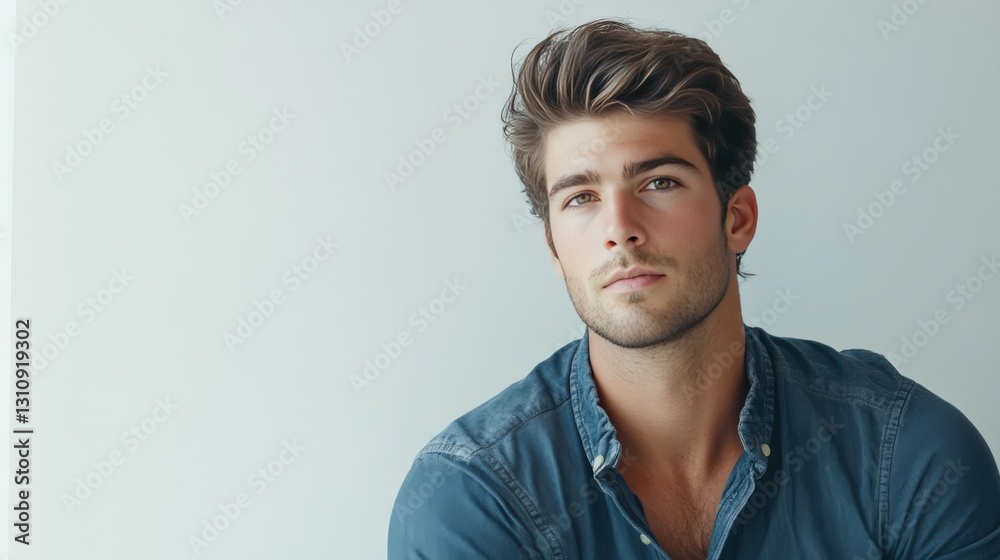 Obraz premium Stylish Young Man with Modern Haircut Posing Against a Minimalist Background