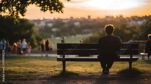Fototapeta Naklejka Na Ścianę i Meble -  A man sits on a park bench, looking out at the city skyline