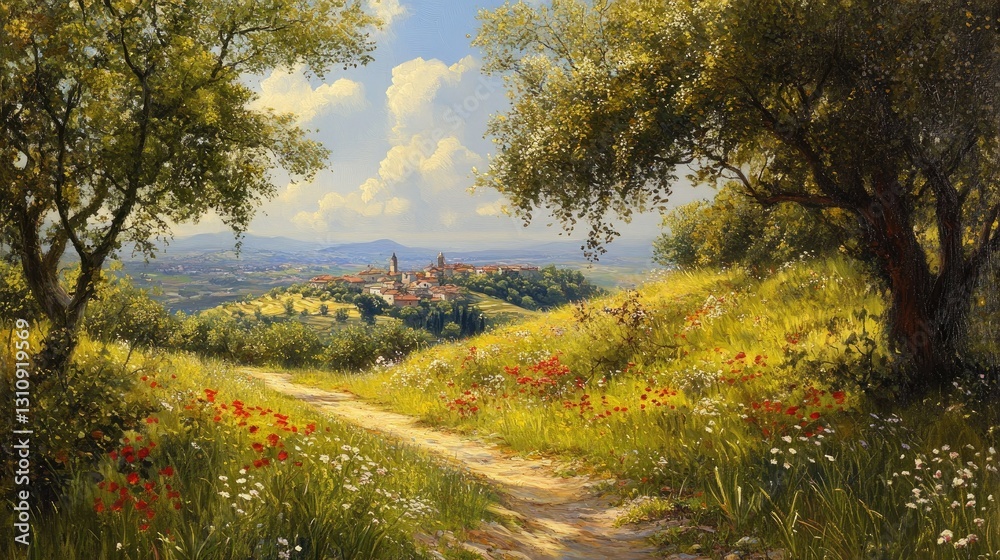 Fototapeta premium Serene Tuscan Countryside: A Picturesque Path to a Hilltop Village