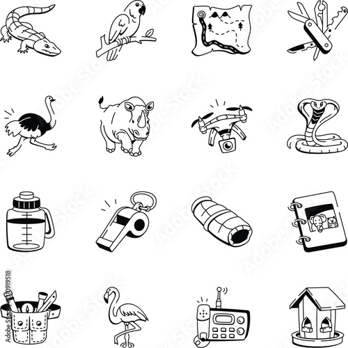 Collection of Safari Wildlife Doodle Style Icons 
