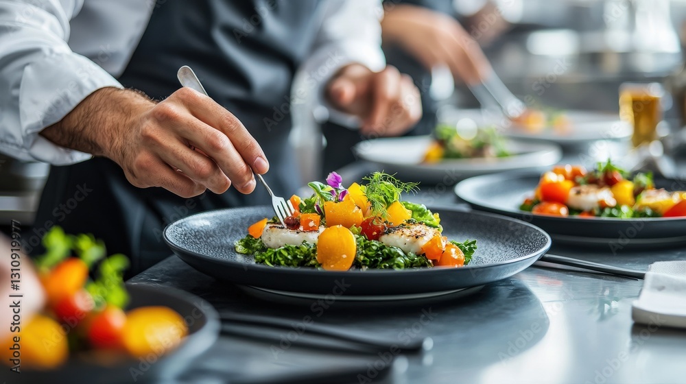 Culinary art creating gourmet salads in a modern kitchen Culinary art creating gourmet salads in a modern kitchen