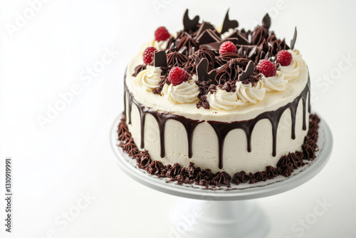 A decorated birthday cake on cakestand on white background photo