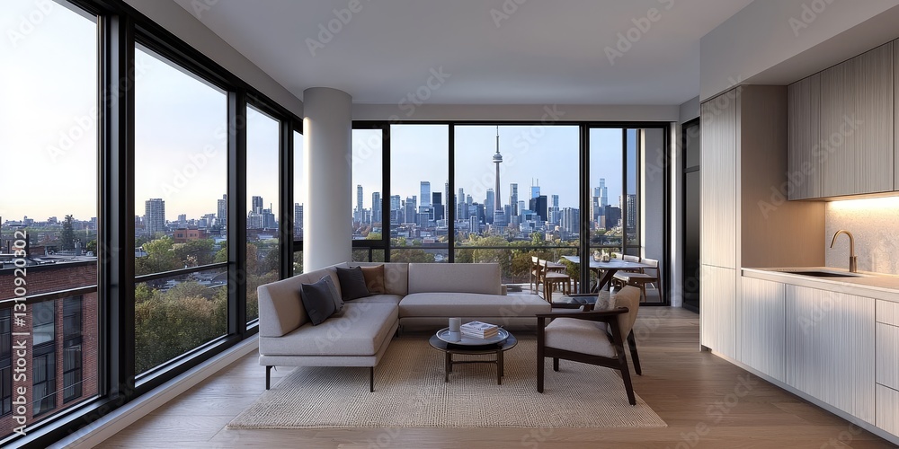 Fototapeta premium Modern living room concepts, Modern apartment interior with skyline view through large windows.