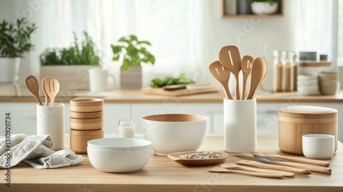 Wallpaper Mural On a sunlit countertop, an array of kitchen utensils awaits their culinary task. Wooden spoons, bowls, and jars blend harmoniously, inviting creative cooking in a serene space Torontodigital.ca