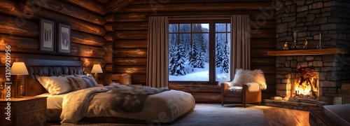 A cozy winter lodge bedroom with rustic log walls, fur-covered chairs, and a stone fireplace glowing warmly on an isolate background