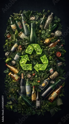 A Stunning Display of Recycled Bottles Surrounded by Lush Greenery, Showcasing the Importance of Sustainability and Eco-Friendly Practices in Modern Society.