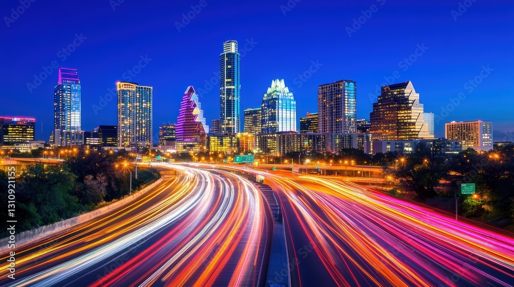 a bustling urban skyline, featuring iconic buildings lit up against a deep blue sky. The sharp foreground focuses on bright light trails created by speeding cars, with blurred streetlights a bustling urban skyline, featuring iconic buildings lit up against a deep blue sky. The sharp foreground focuses on bright light trails created by speeding cars, with blurred streetlights