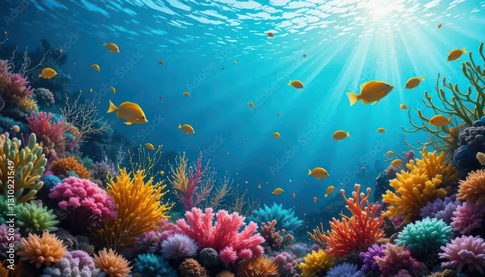 Naklejka premium Vibrant Underwater Coral Reef Paradise: A Colorful Ocean Scene